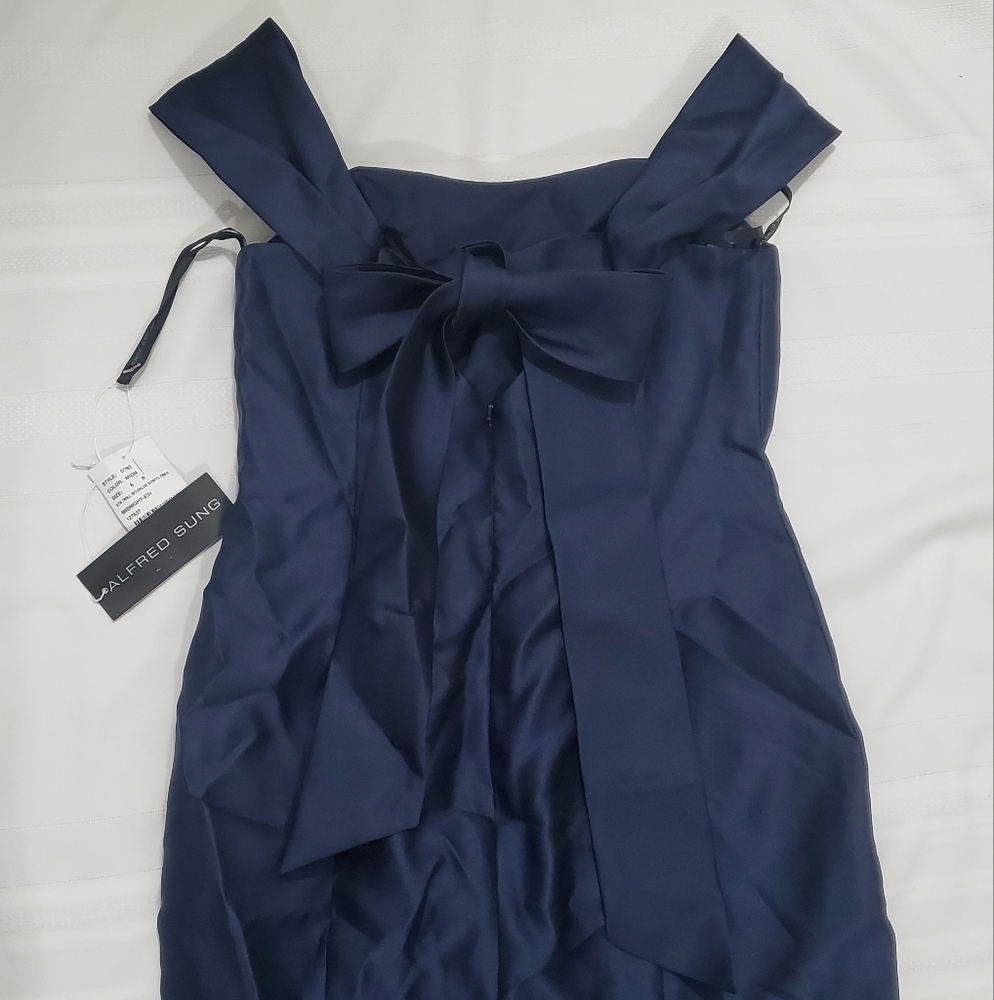 NWT ALFRED SUNG Off-The-Shoulder Bow Back Satin Trumpet Gown in Midnight Navy - Picture 9 of 12
